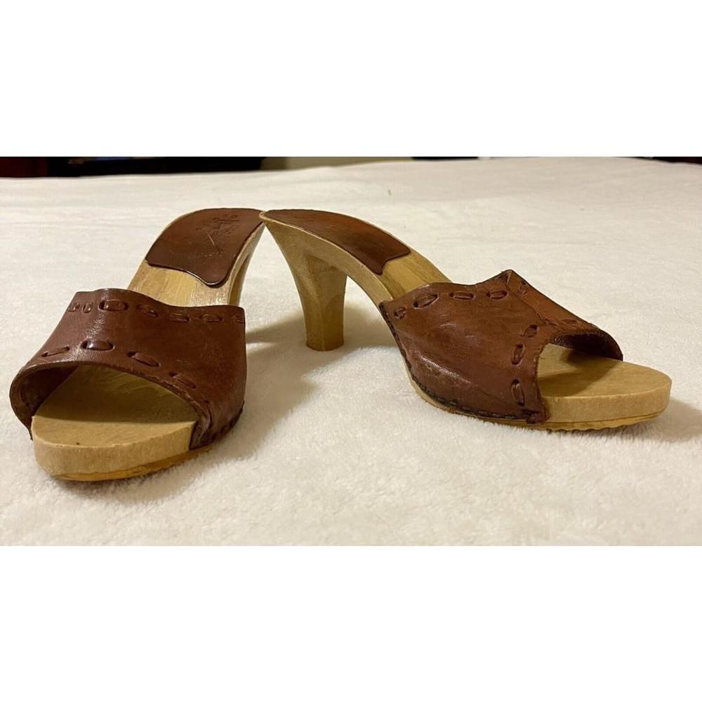 Vintage 1970s Imperial Custom Shoe Brown Leather Upper Wooden Heels SZ 9 Boho